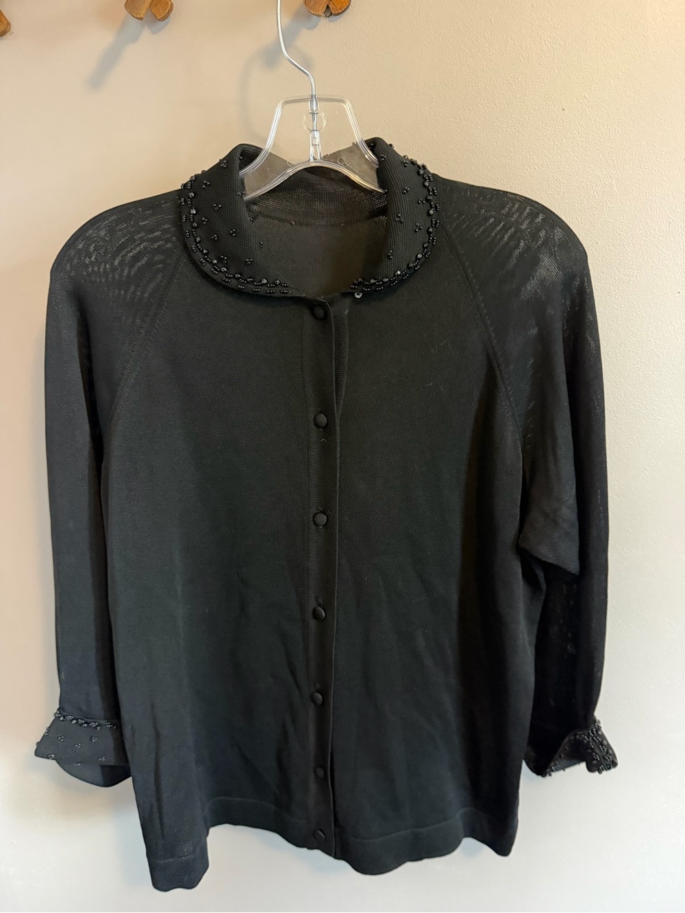 Vintage Black Beaded Collar Knit Cardigan Sweater S/M